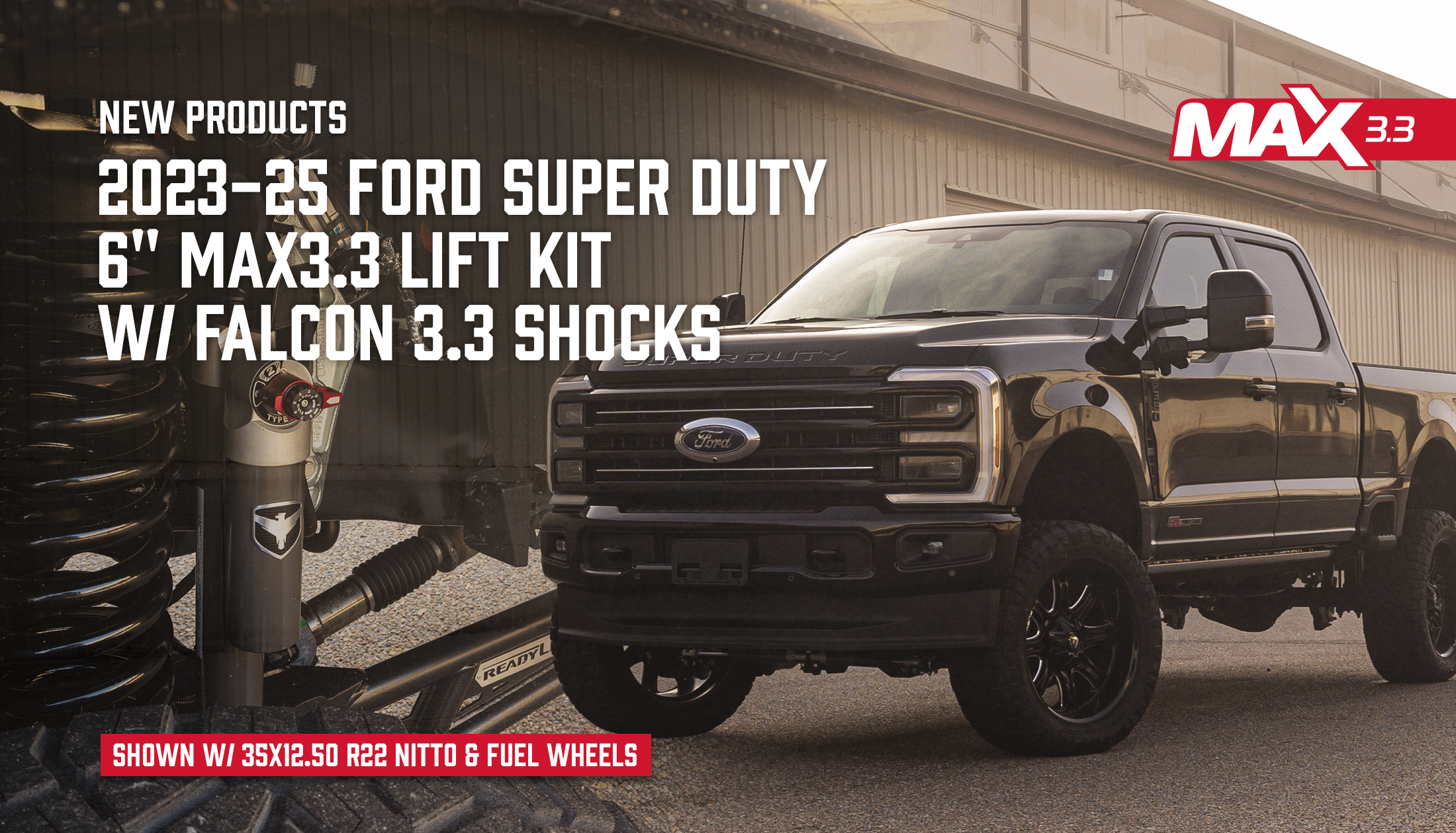 6" COIL SPRING SUSPENSION SYSTEM WITH FALCON MAX3.3 SHOCKS AND RADIUS ARMS - 2023-2025 FORD SUPER DUTY F250/F350 4WD