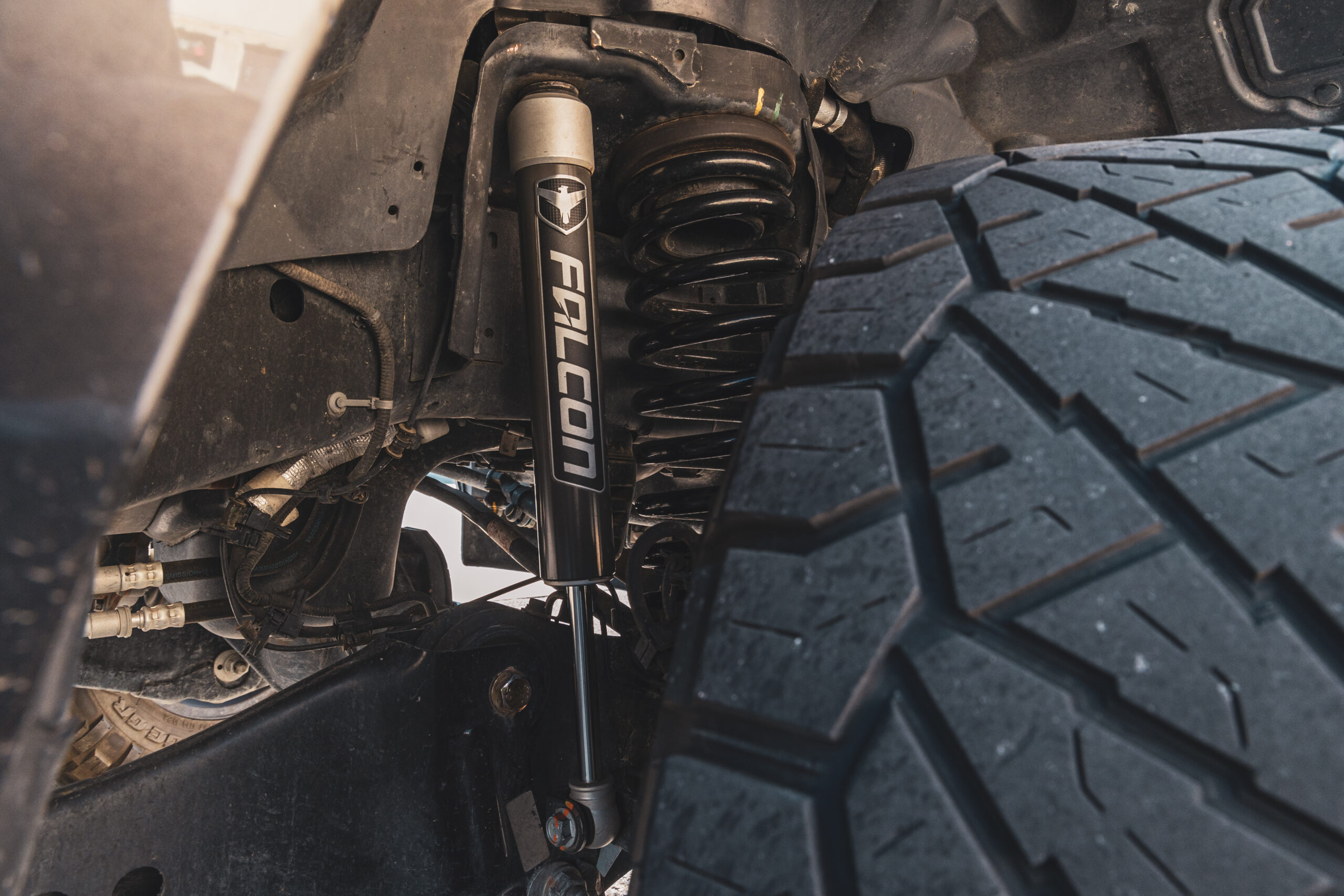 Falcon 2.1 monotube shock installed on a lifted Ram HD truck