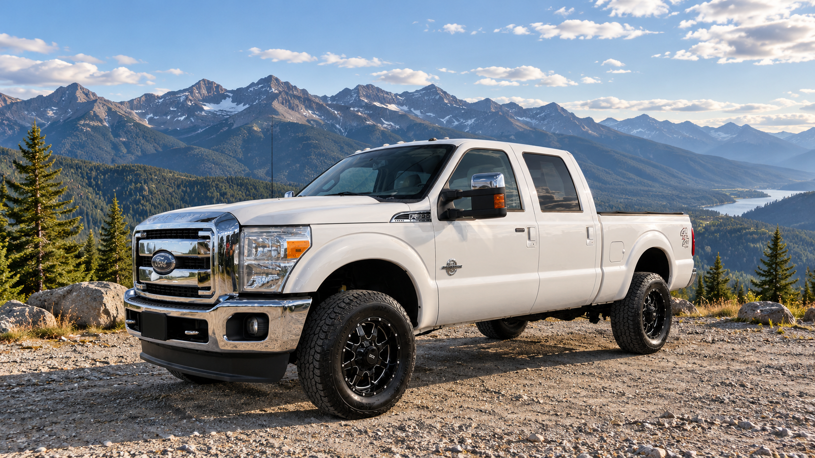 White Ford Super Duty equipped with a ReadyLIFT suspension system overlooking the mountains